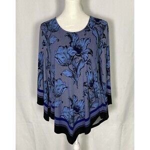 Alfani Sz Small Asymmetrical Hem Pullover Floral Tunic Blouse Blue Stretch EUC
